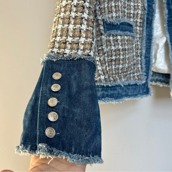 Nanette Lepore Frayed Tweed Denim Trim Jacket Blazer - Picture 3 of 16